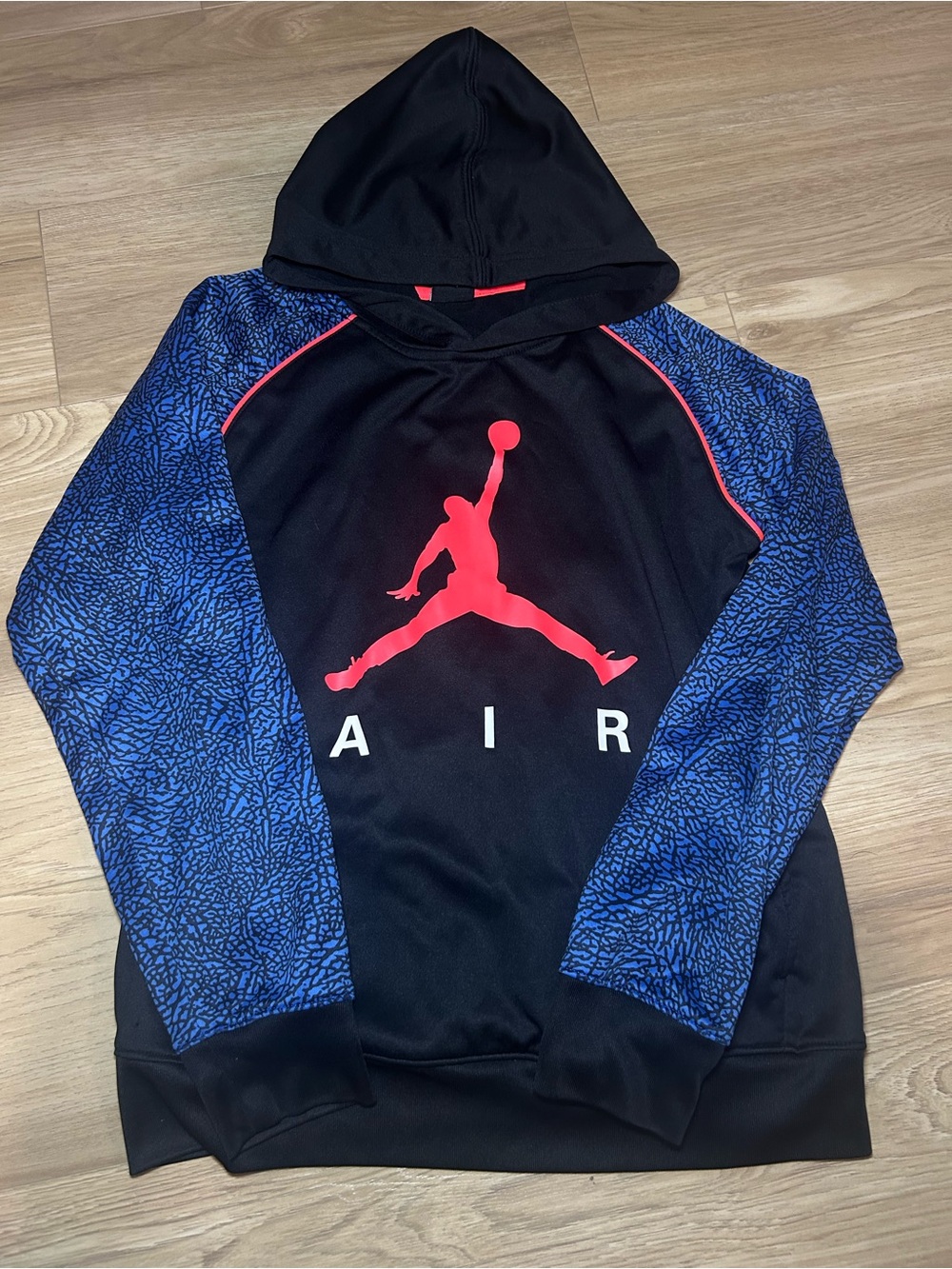 Jordan Black Hoodie with Red Jumpman and Blue Patterned Sleeves